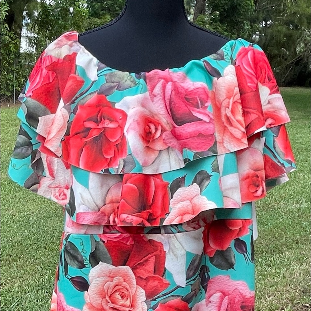 Boohoo Plus Red, Pink, Green Ruffle Tiered Maxi Dress Off The Shoulder Size 20